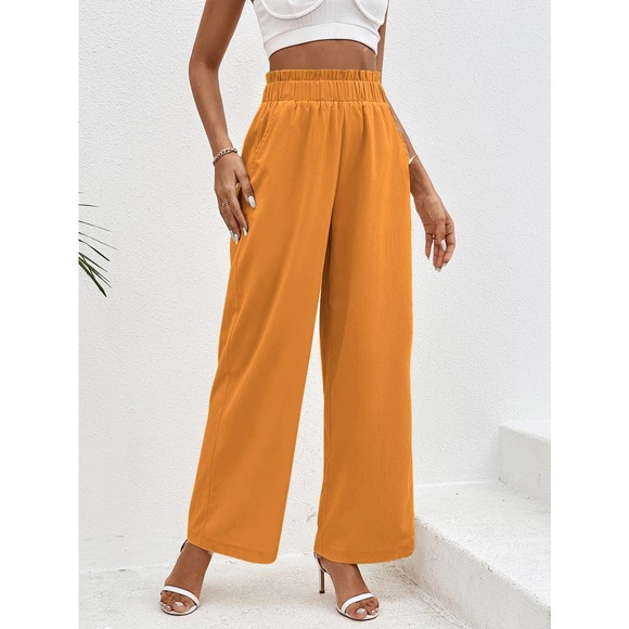 Cream boho Paperbag Waist Slant Pocket high waist Wide Leg Pants - Picture 6 of 11